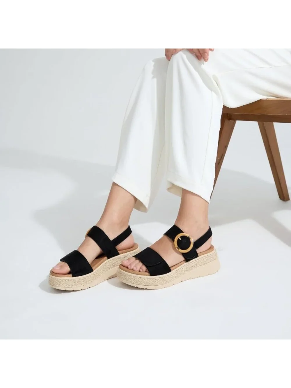 Women's Black Comfortable Solid Espadrille Low Wedge Heel Platform Sandal Shoes